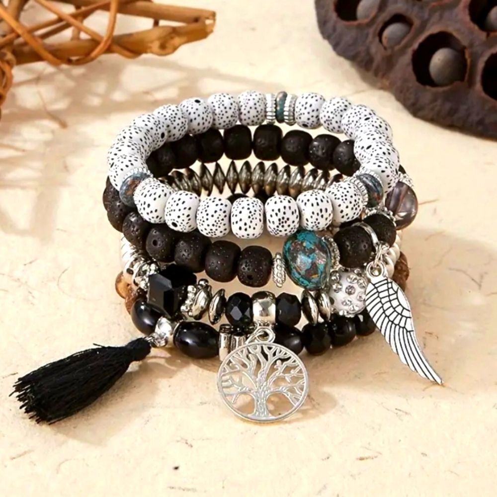 4 pc beaded bracelets tree of life angel wing volcanic ash charm accessories